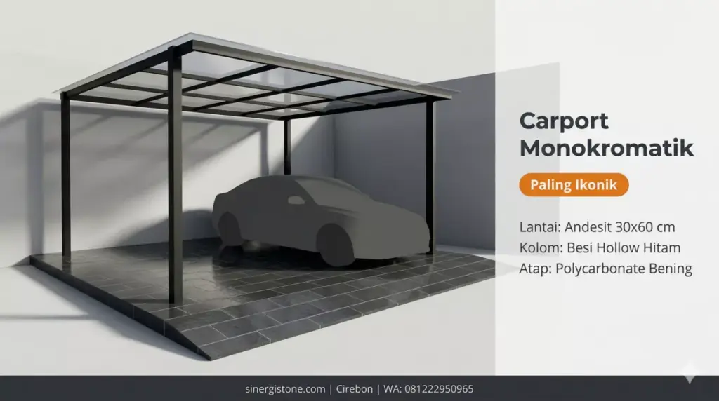 Desain carport minimalis monokromatik abu-hitam dengan lantai andesit 30x60 cm, kolom besi hollow hitam, dan atap polycarbonate bening