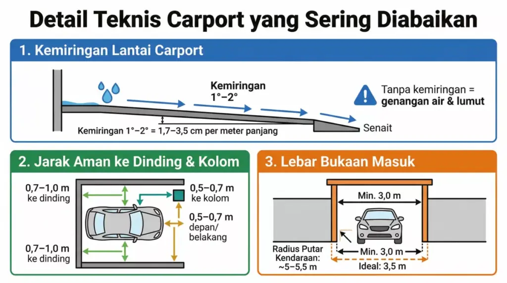 Infografis 3 detail teknis carport: kemiringan lantai 1–2 derajat, jarak aman dinding 0,7 m, bukaan masuk 3 m