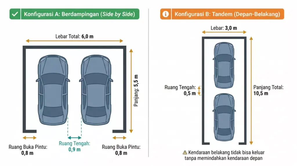 Diagram carport 2 mobil: konfigurasi berdampingan 6×5,5 m dan tandem 3×10,5 m tampak atas dengan dimensi