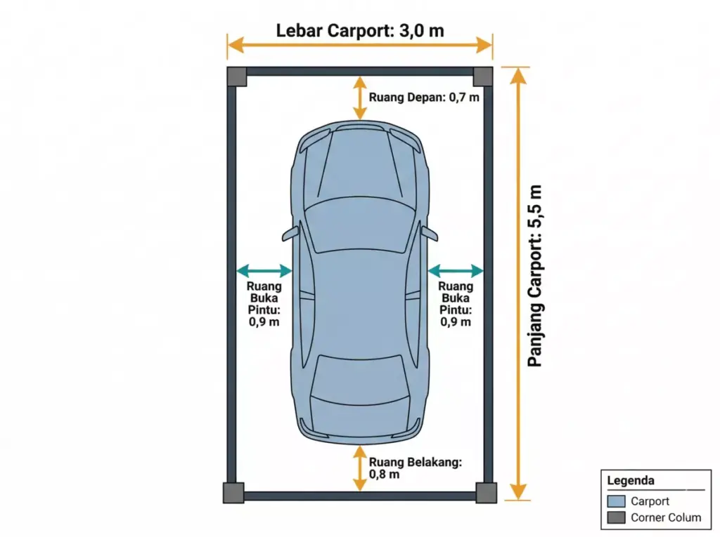 Denah atas carport 1 mobil ukuran 3×5,5 m dengan label dimensi lebar, panjang, dan ruang buka pintu 0,9 m