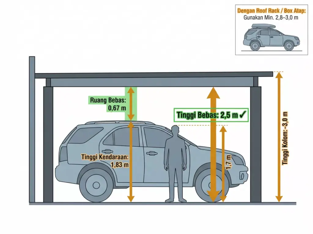 Diagram tampak samping tinggi bebas carport ideal 2,5 m dengan ruang 0,67 m di atas SUV dan panduan roof rack