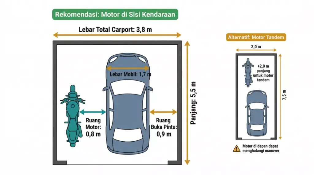 Diagram tampak atas carport mobil dan motor berdampingan: tambah 0,8 m lebar untuk motor di sisi kendaraan