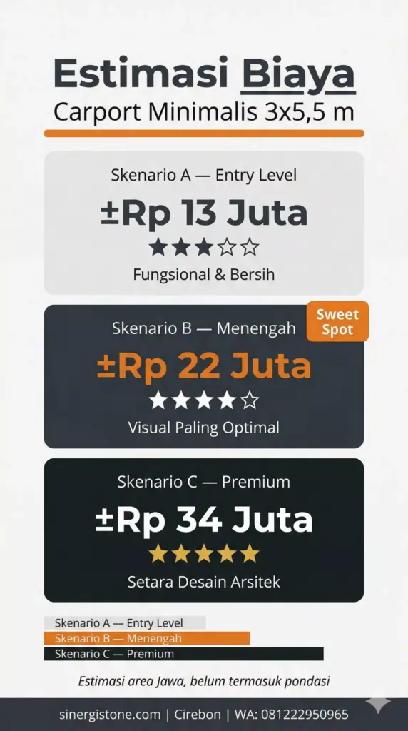 Infografis estimasi biaya carport minimalis 3 skenario: entry Rp13 juta, menengah Rp22 juta (sweet spot), dan premium Rp34 juta untuk area 3x5,5 m