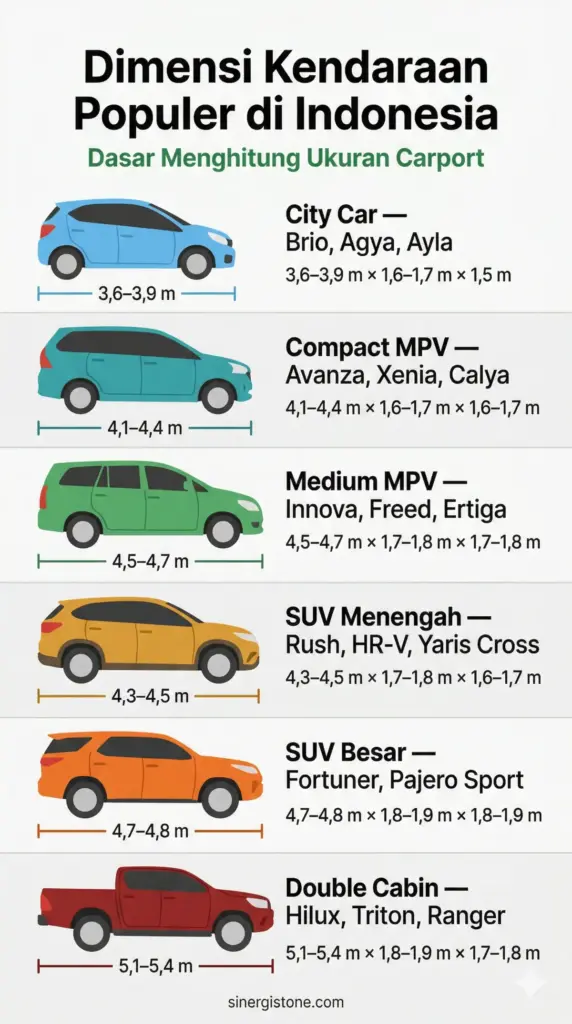 Infografis dimensi kendaraan populer Indonesia dari city car 3,6 m hingga double cabin 5,4 m sebagai dasar ukuran carport