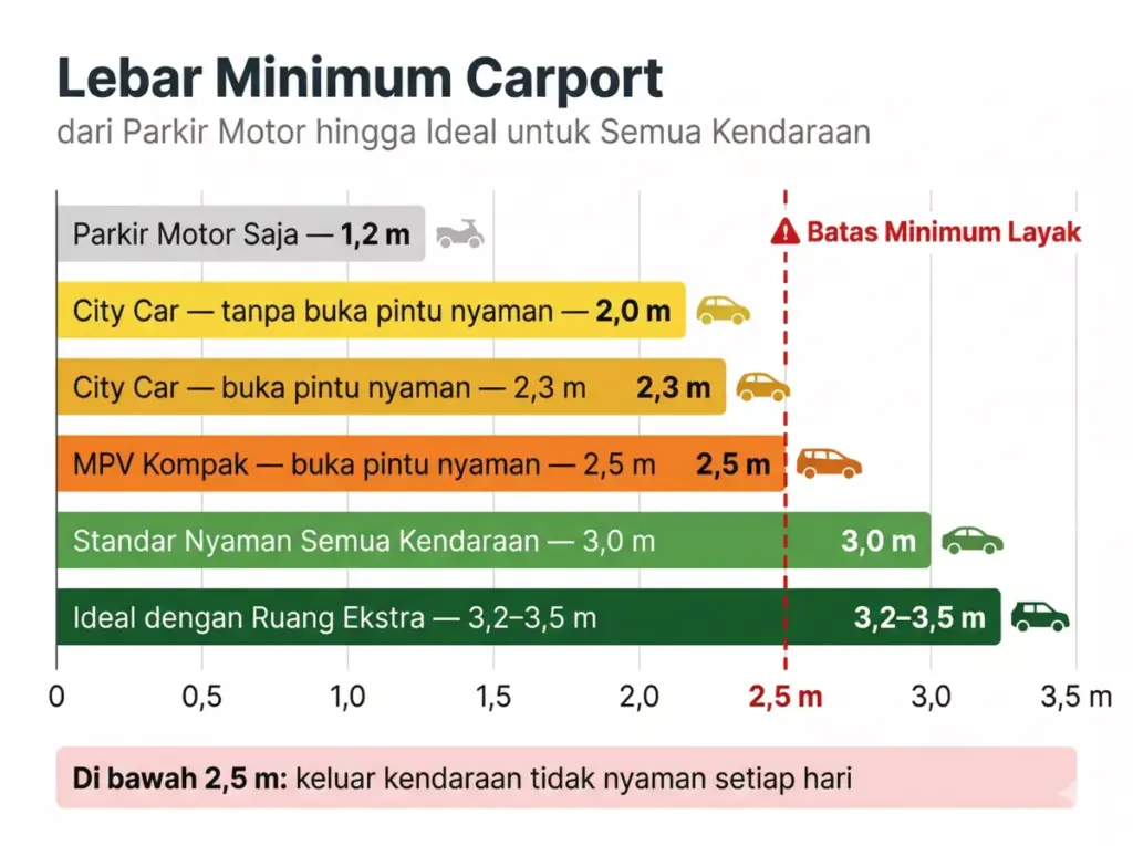 Infografis lebar minimum carport: 1,2 m motor, 2,5 m MPV, 3,0 m standar nyaman, batas layak ditandai merah