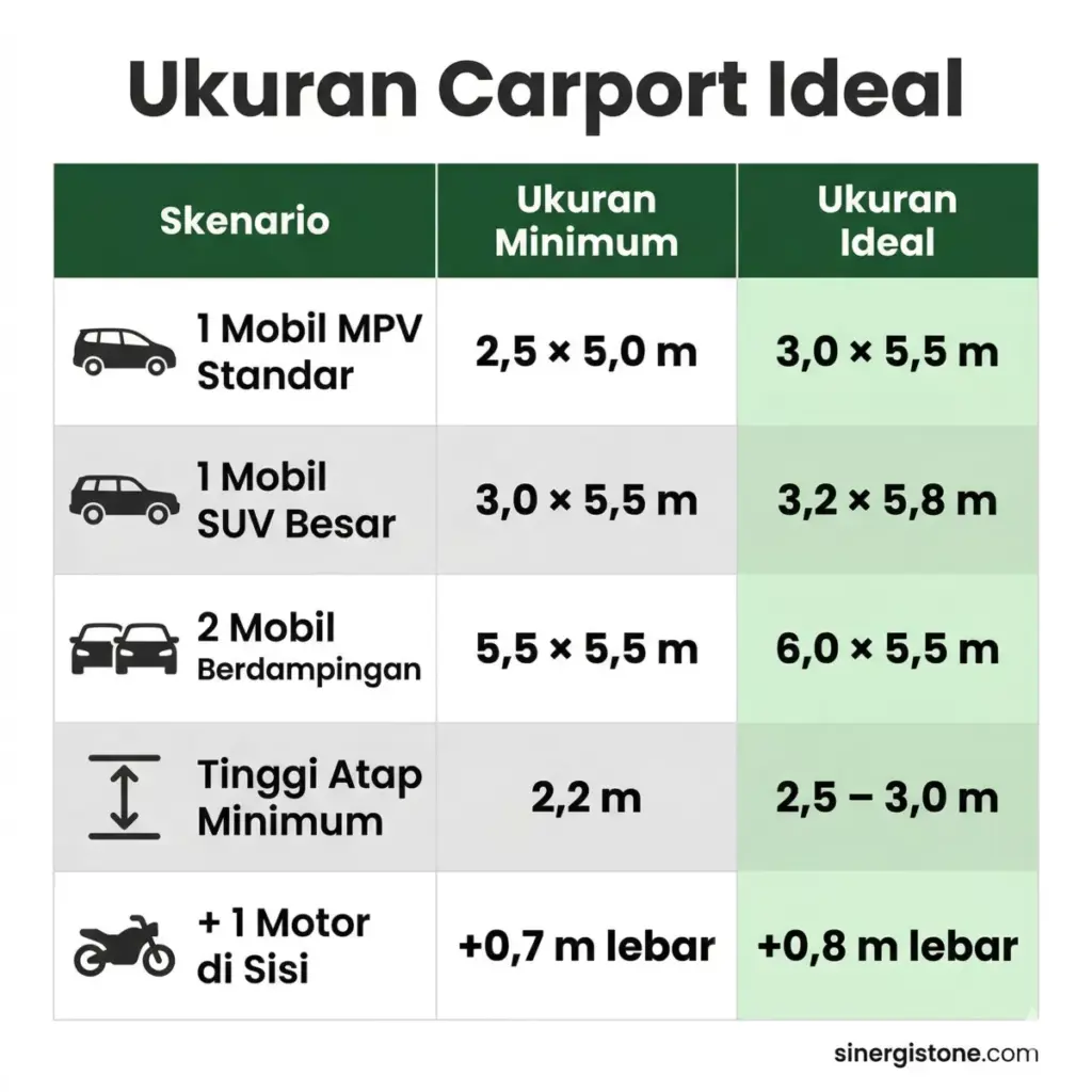 Infografis tabel ukuran carport ideal 1 mobil, 2 mobil, dan tambahan motor dengan dimensi minimum dan ideal