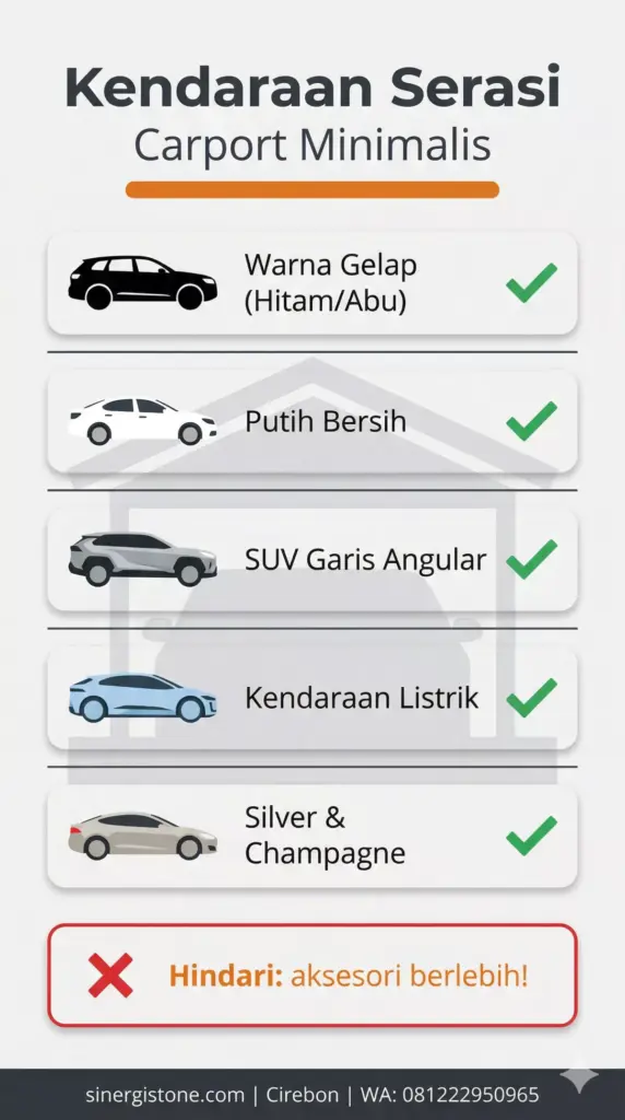 Infografis jenis kendaraan yang serasi secara visual dengan carport minimalis: warna gelap, putih bersih, SUV angular, EV, dan monokromatik