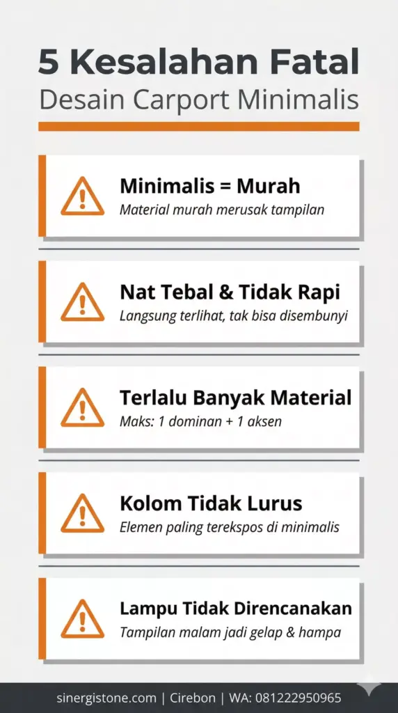 Infografis 5 kesalahan fatal desain carport minimalis: mengira minimalis murah, nat tebal, terlalu banyak material, kolom tidak lurus, lampu tak direncanakan
