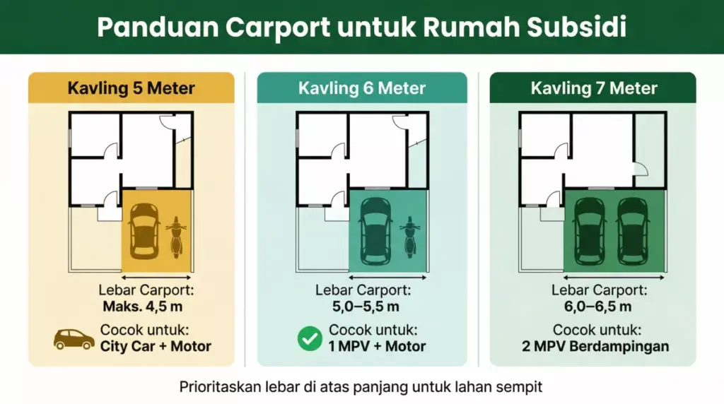 Panduan carport rumah subsidi: kavling 5 m untuk city car, 6 m untuk 1 MPV, 7 m untuk 2 MPV berdampingan