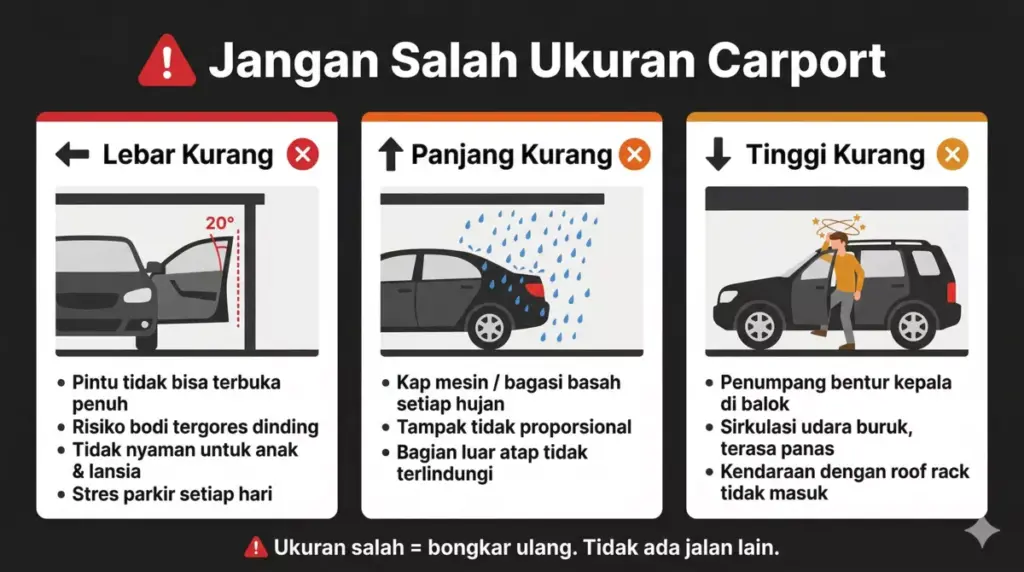 Infografis risiko carport salah ukuran: lebar kurang pintu terhalang, panjang kurang kendaraan basah, tinggi kurang kepala membentur
