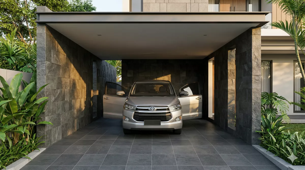 Carport ideal ukuran 3×5,5 m dengan dinding batu andesit dan MPV terparkir nyaman dengan ruang buka pintu