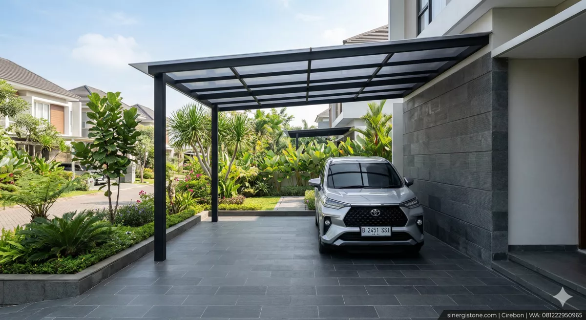 Carport 1 mobil lantai batu andesit 30×60 cm alur, kolom besi hollow hitam matte, atap polycarbonate UV, desain minimalis