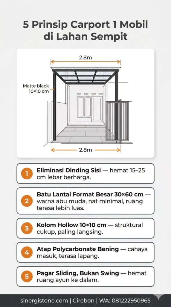 Infografis 5 prinsip carport 1 mobil di lahan sempit: eliminasi dinding, batu besar, kolom langsing, atap bening, pagar sliding