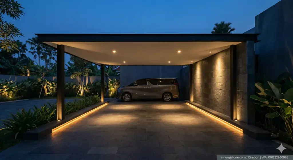 Carport 1 mobil malam hari dengan pencahayaan LED tersembunyi pada lantai andesit bakar 30×60 cm dan kolom besi hollow hitam