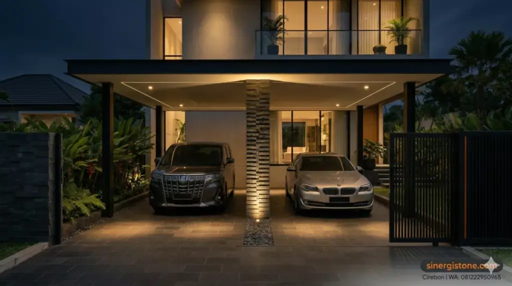 Carport 2 mobil malam hari dengan sistem pencahayaan tersembunyi recessed LED dan kolom tengah batu andesit