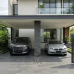 Carport 2 mobil tampak depan dengan lantai dan kolom tengah batu andesit, desain modern minimalis