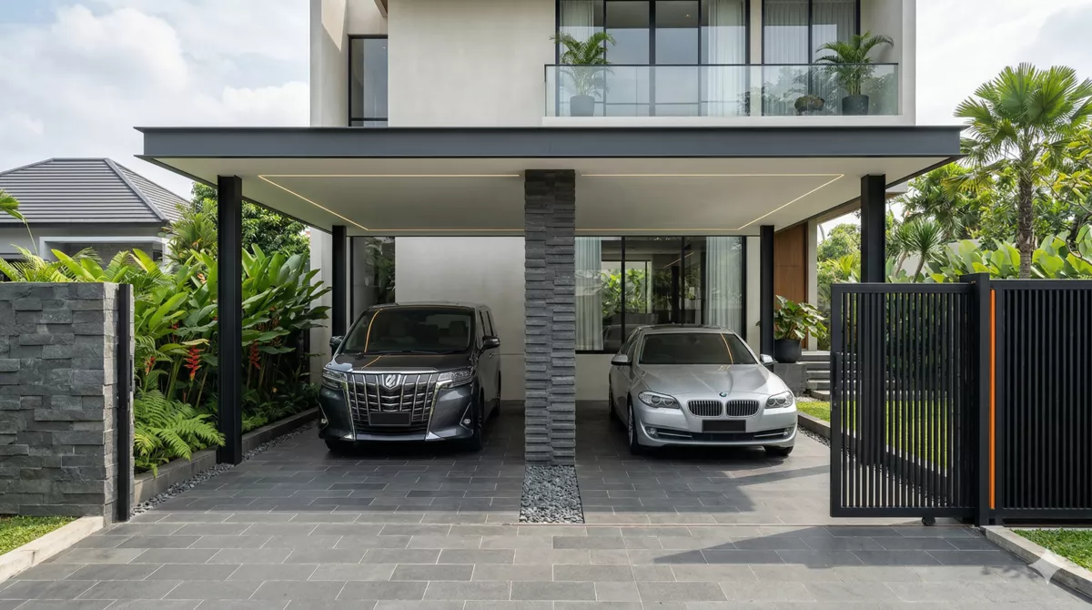 Carport 2 mobil tampak depan dengan lantai dan kolom tengah batu andesit, desain modern minimalis