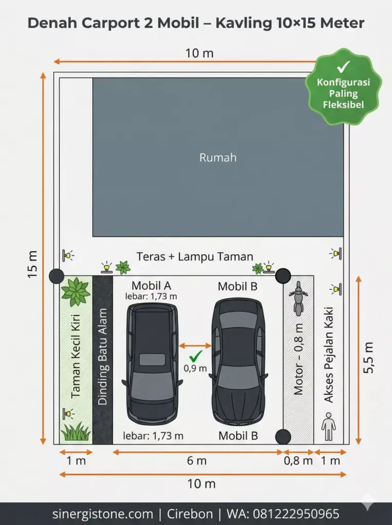 Denah bird-eye view carport 2 mobil di kavling 10×15 meter: taman kiri, dinding batu alam, zona motor, dan akses pejalan kaki di kanan