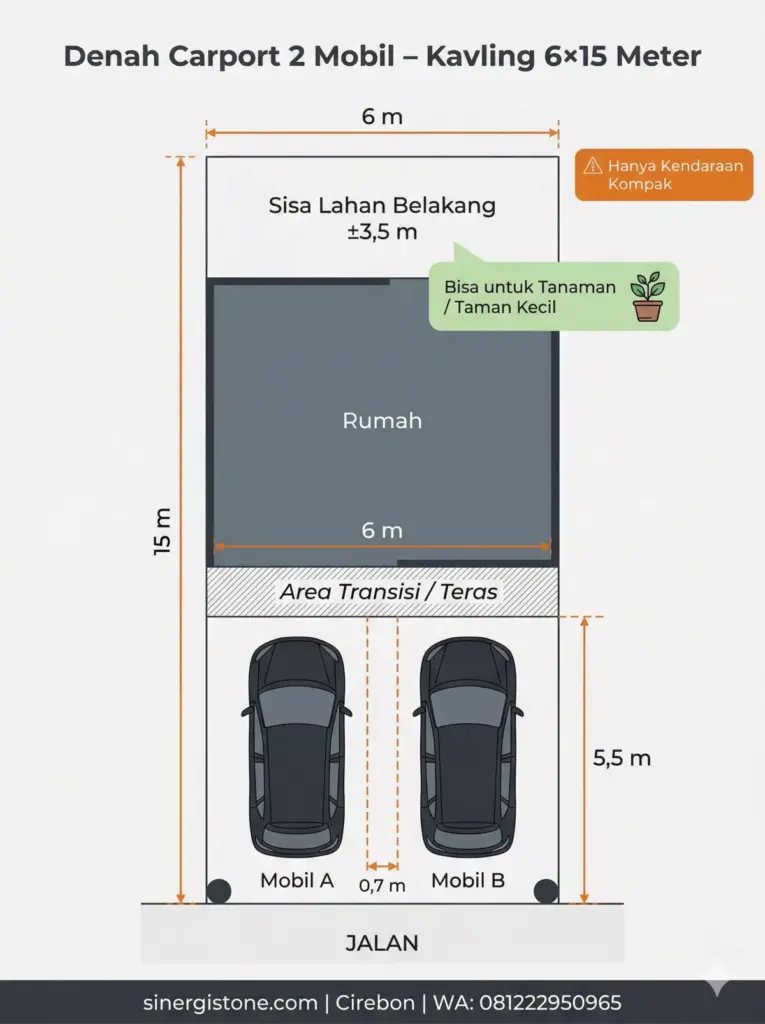 Denah bird-eye view carport 2 mobil di kavling 6×15 meter: lebar penuh 6 meter, sisa lahan belakang untuk teras atau taman kecil
