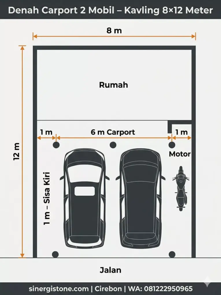 Denah bird-eye view carport 2 mobil di kavling 8×12 meter dengan sisa lahan 1 meter di kiri dan kanan