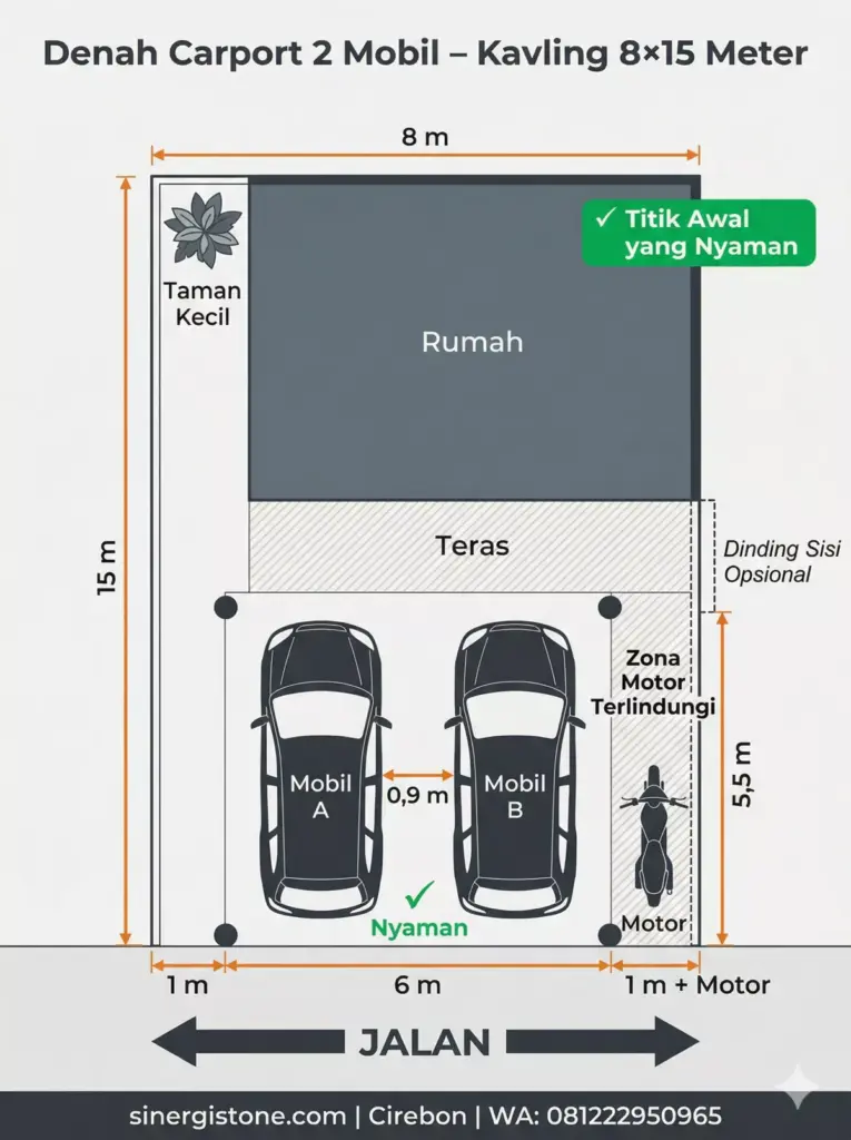 Denah bird-eye view carport 2 mobil di kavling 8×15 meter: carport 6 meter di tengah, sisa 1 meter kiri-kanan, zona motor di sisi kanan