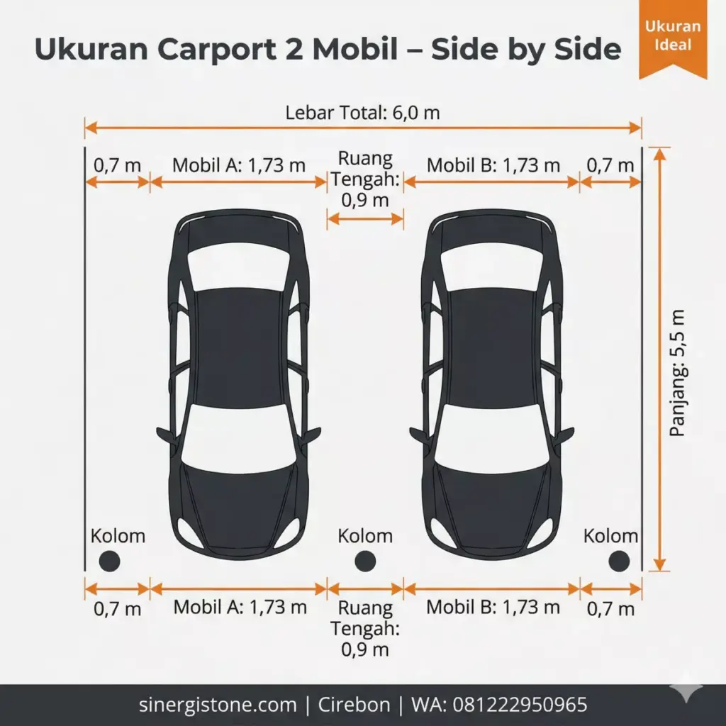 Diagram overhead ukuran carport 2 mobil side by side: lebar 6 meter, panjang 5,5 meter, ruang antar kendaraan 0,9 meter