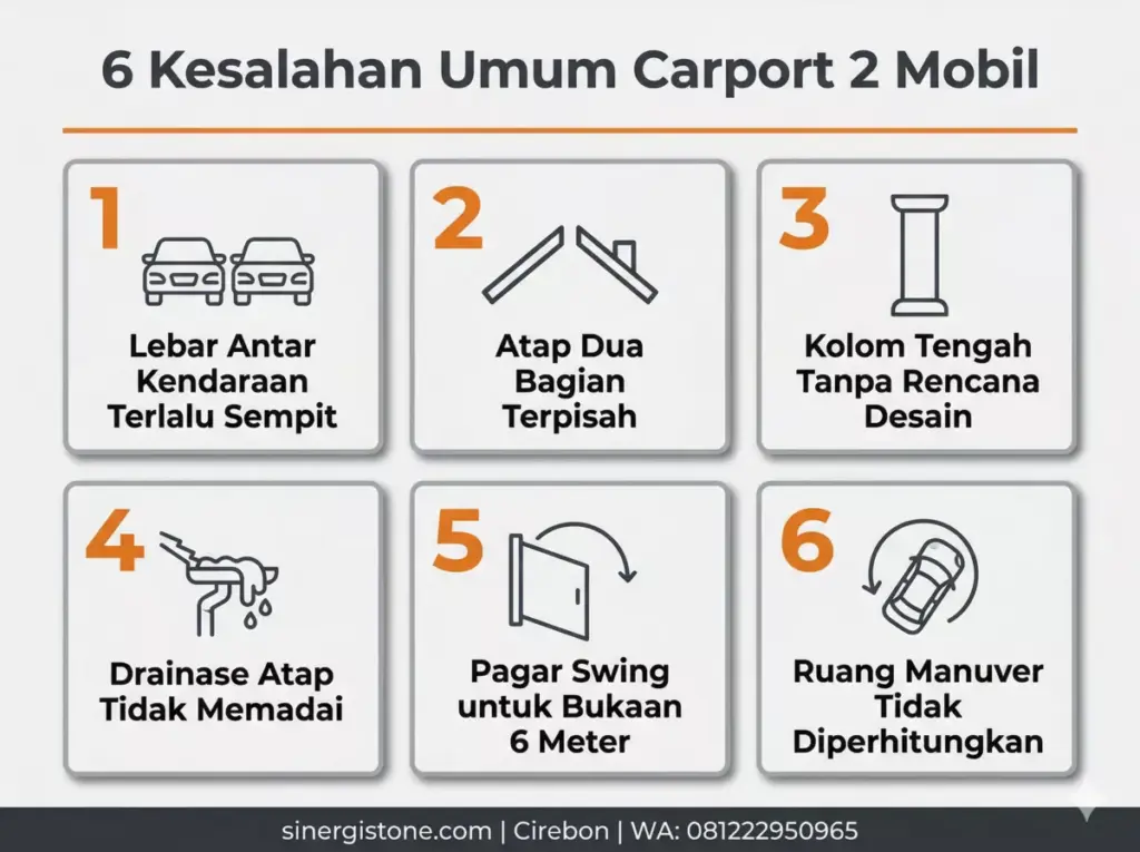 Infografis 6 kesalahan umum saat membangun carport 2 mobil: lebar sempit, atap terpisah, kolom tengah, drainase, pagar swing, ruang manuver