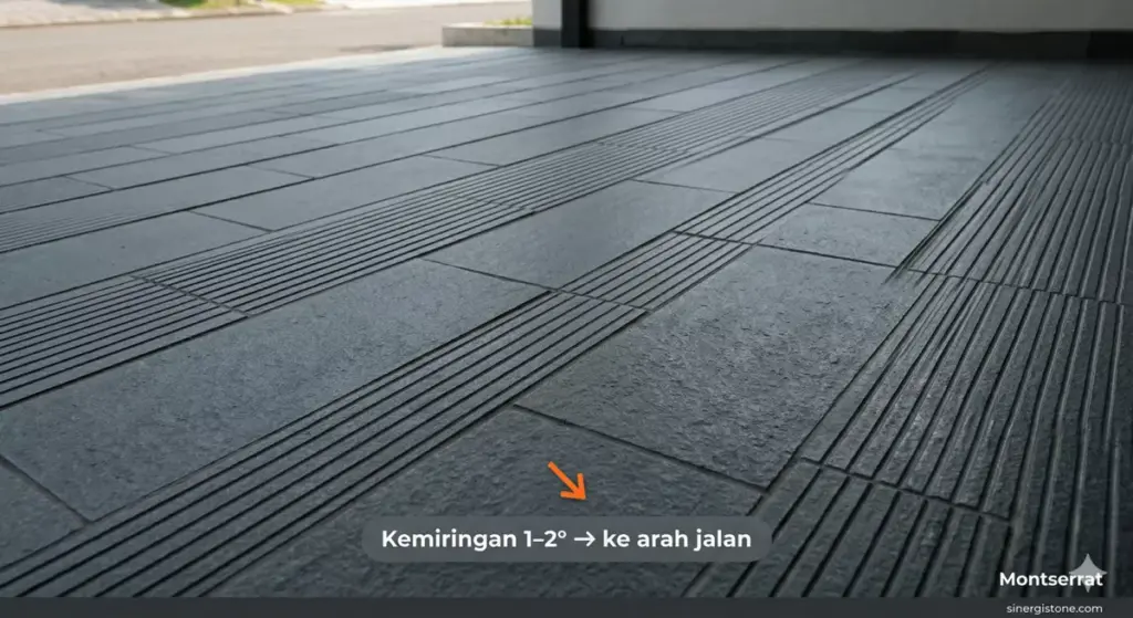 Lantai batu andesit 30×60 cm finishing alur di carport dengan kemiringan 1–2 derajat ke arah jalan untuk drainase optimal