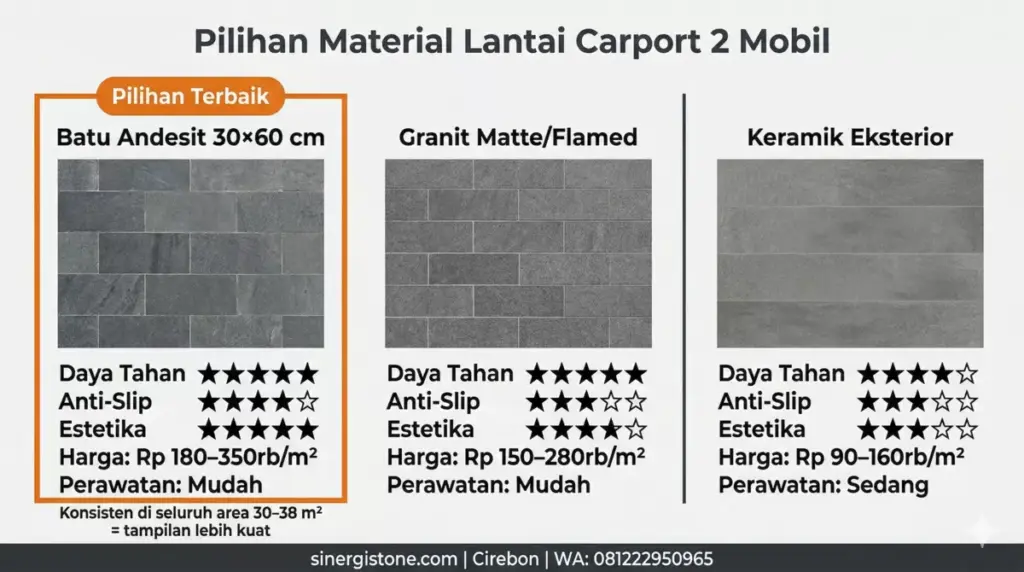 Infografis perbandingan 3 material lantai carport 2 mobil: batu andesit, granit matte, dan keramik eksterior dengan rating daya tahan
