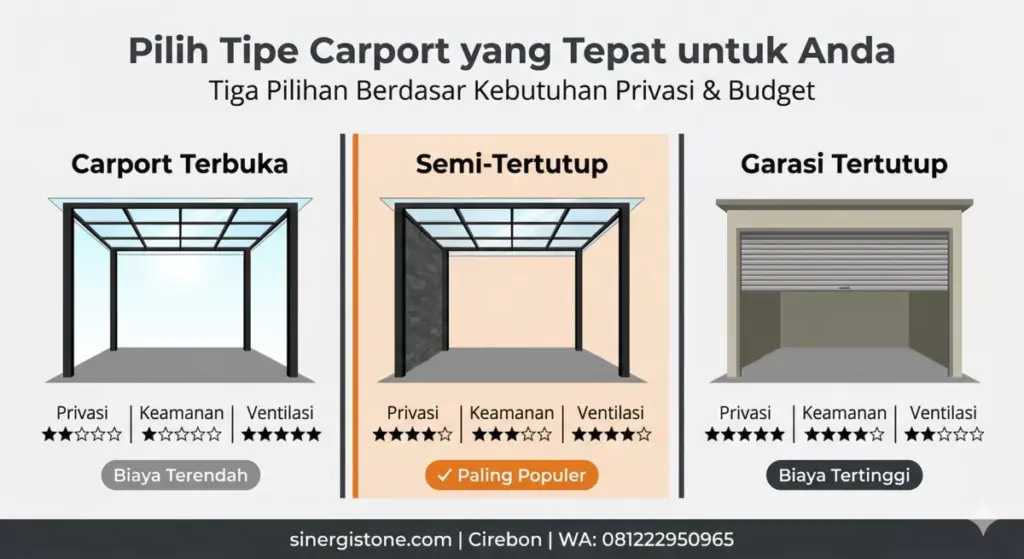 Infografis perbandingan tiga tipe carport 1 mobil: terbuka, semi-tertutup (paling populer), dan garasi tertutup