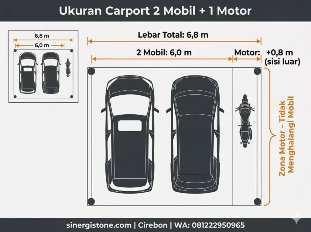 Diagram overhead ukuran carport 2 mobil plus 1 motor: lebar total 6,8 meter dengan zona motor di sisi luar