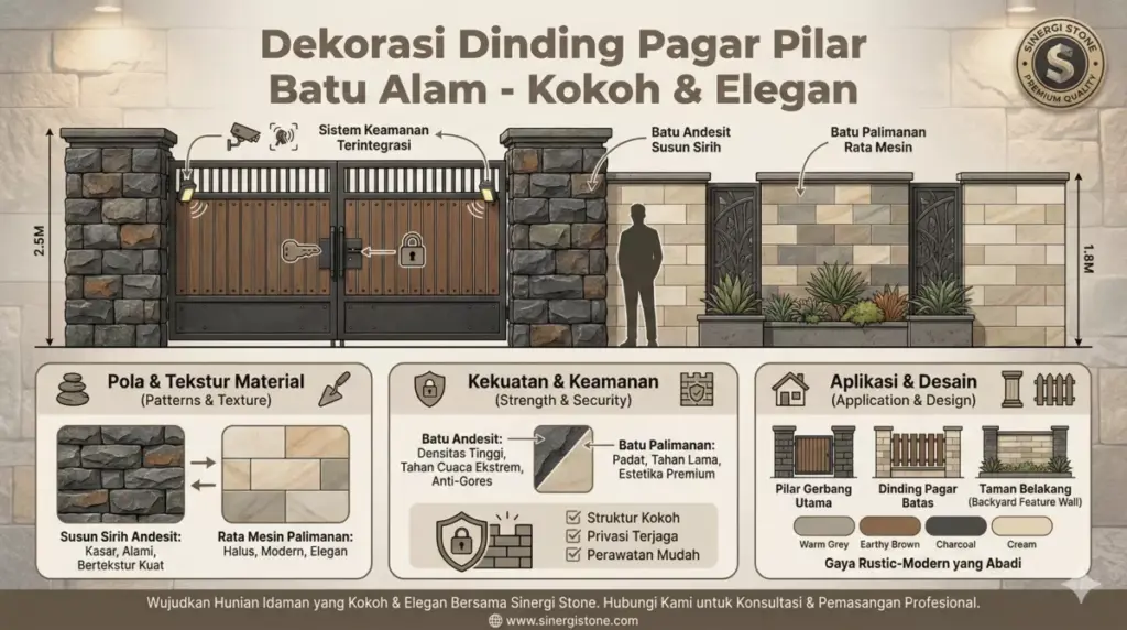 Infografis dekorasi batu alam pagar dan pilar rumah andesit tahan cuaca Sinergi Stone.