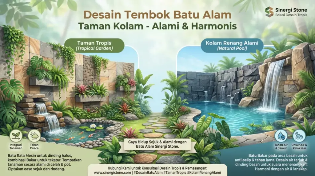Infografis desain tembok batu alam area taman kolam motif bakar Sinergi Stone.