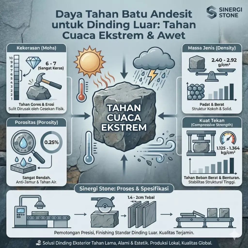 Infografis durabilitas batu andesit dinding luar rumah tahan panas hujan angin Sinergi Stone.