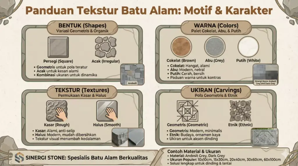 4 elemen utama motif batu alam dinding luar: bentuk, warna, tekstur, ukiran dari Sinergi Stone.