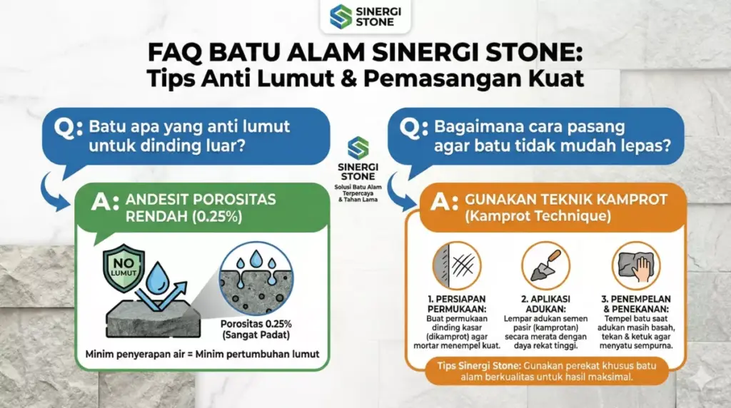 Infografis FAQ batu alam dinding luar anti lumut dan tips pemasangan Sinergi Stone.