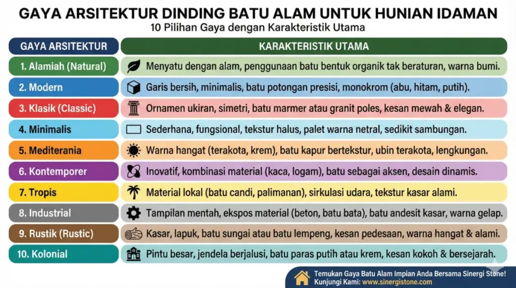 Tabel infografis 10 gaya arsitektur dinding batu alam luar rumah minimalis mediterania.