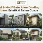 Infografis 20+ model dan motif batu alam dinding luar rumah estetik tahan cuaca dari Sinergi Stone Cirebon.