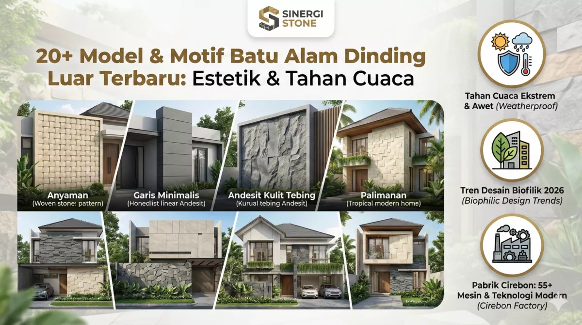 Infografis 20+ model dan motif batu alam dinding luar rumah estetik tahan cuaca dari Sinergi Stone Cirebon.