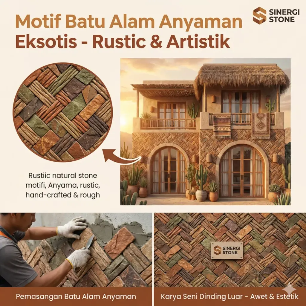 Infografis motif batu alam anyaman eksotis untuk dinding luar rumah gaya rustic Sinergi Stone.