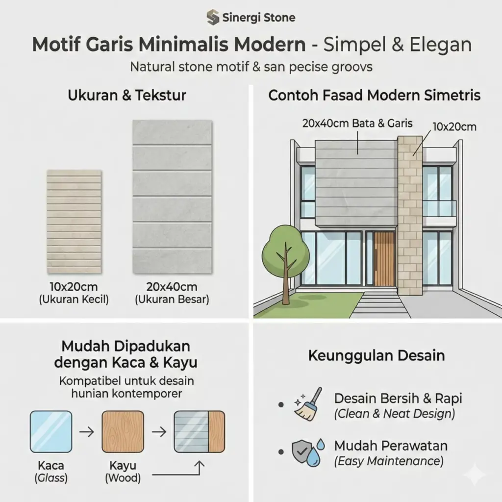 Motif batu alam garis minimalis modern untuk dinding luar rumah ukuran 10x20 cm Sinergi Stone.