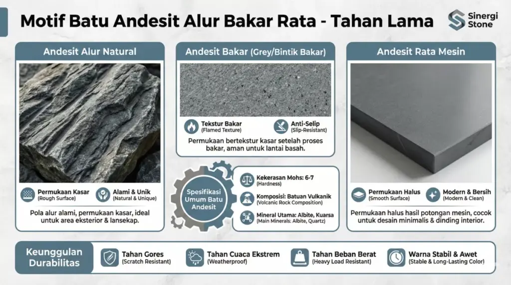 Infografis motif batu andesit bakar grey untuk dinding luar rumah tahan lama Sinergi Stone.