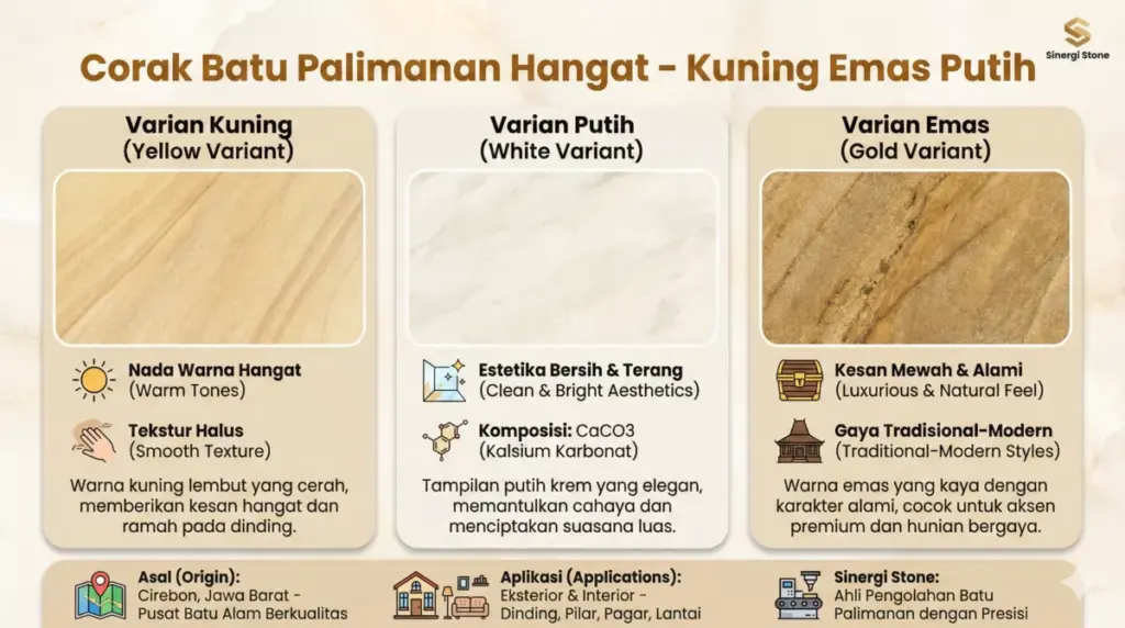 Infografis batu palimanan kuning krem untuk dinding luar rumah tradisional Sinergi Stone.