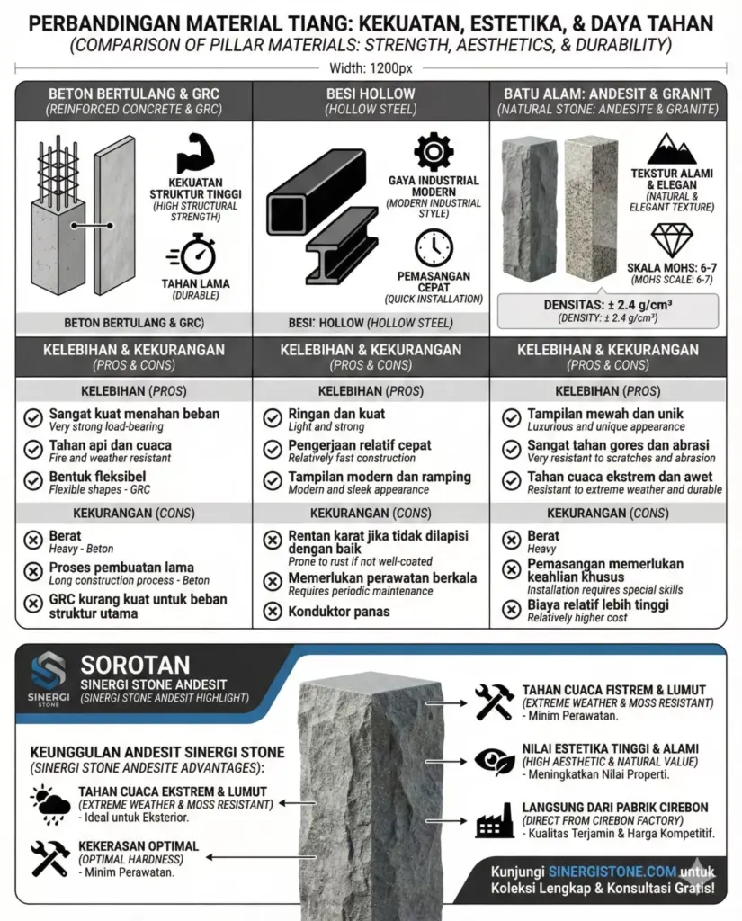 Perbandingan material tiang rumah terbaik: beton GRC, besi hollow, batu alam andesit Sinergi Stone