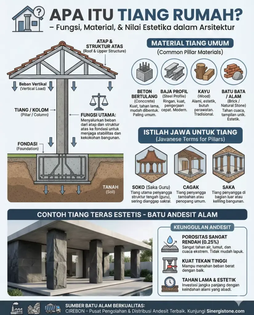 Infografis pengertian tiang rumah, fungsi struktural, istilah soko cagak saka dalam arsitektur minimalis