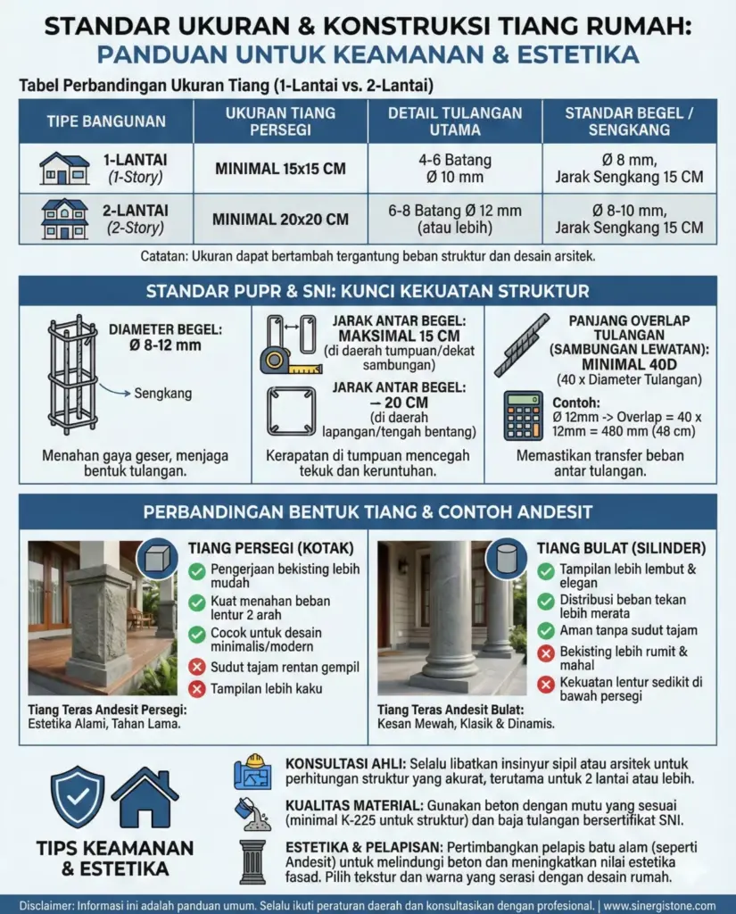 Infografis ukuran tiang rumah aman 15x15 cm 1 lantai dan 20x20 cm 2 lantai sesuai pedoman PUPR