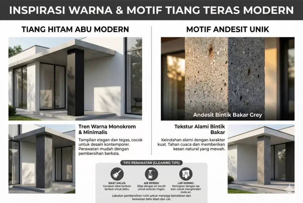 Inspirasi warna hitam abu-abu dan motif batu andesit bintik bakar untuk tiang minimalis