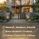 Infografis desain depan rumah batu alam andesit yang mewah modern estetik Sinergi Stone Cirebon.