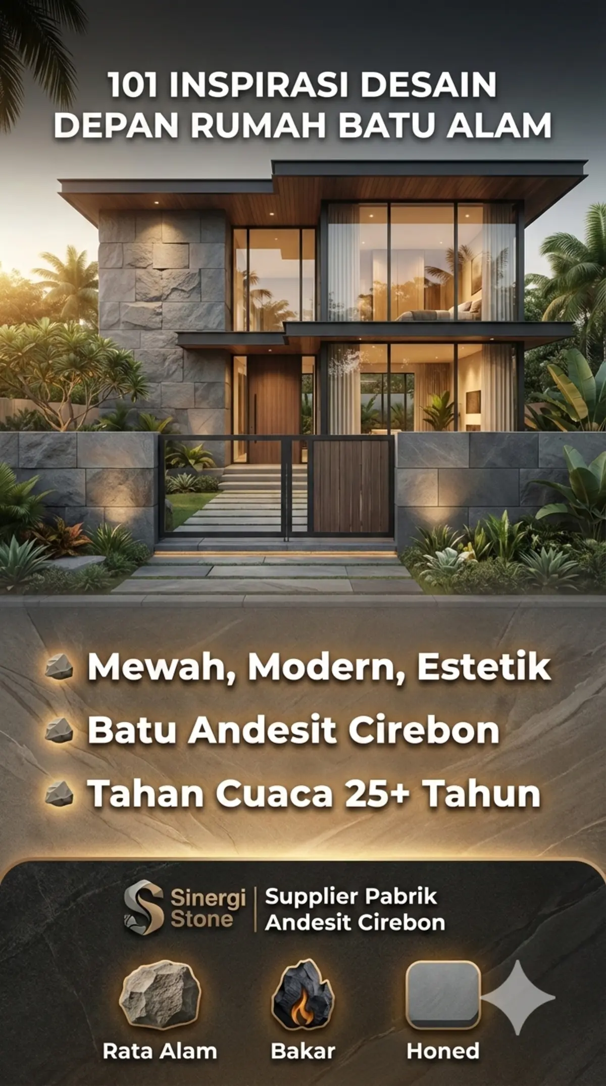 Infografis desain depan rumah batu alam andesit yang mewah modern estetik Sinergi Stone Cirebon.