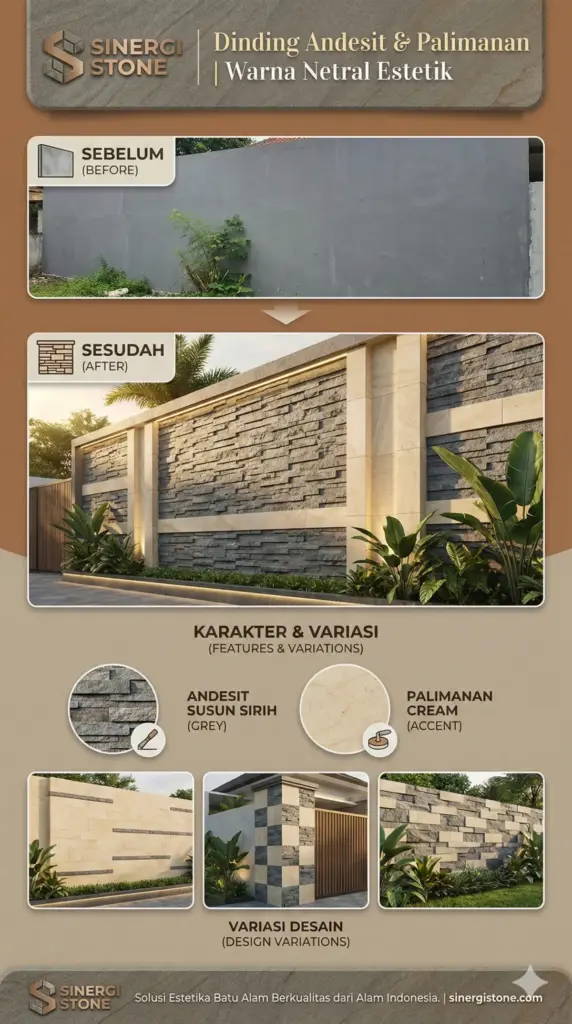 Infografis inspirasi dinding depan rumah batu andesit palimanan Sinergi Stone Cirebon. 